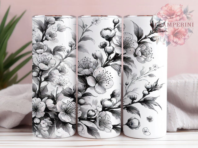 Black & White Elegant Floral Tumbler, Floral Tumbler Wrap, 20oz Skinny Tumbler, Flower PNG Sublimation, Monochrome Tumbler Design, Elegant Floral Wrap, Botanical Tumbler PNG Sublimation Li Zamperini 