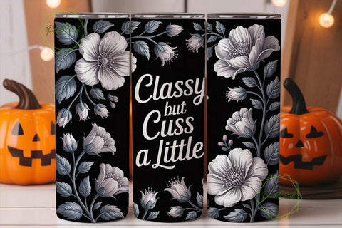Black White Floral Classy 20oz Tumbler Sublimation PixelChick 