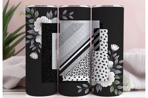 Black & White Floral Glitter Tumbler Sublimation PixelChick 