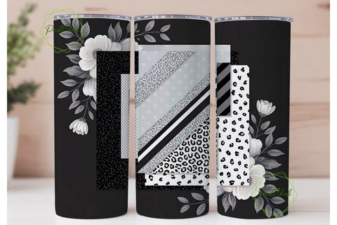Black & White Floral Glitter Tumbler Sublimation PixelChick 