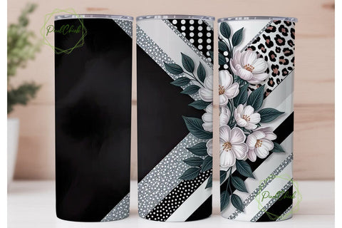 Black & White Floral Glitter Tumbler Sublimation PixelChick 