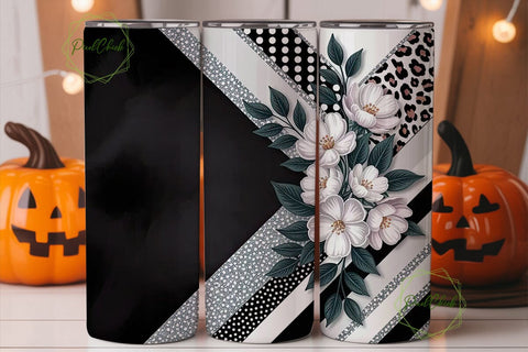 Black & White Floral Glitter Tumbler Sublimation PixelChick 