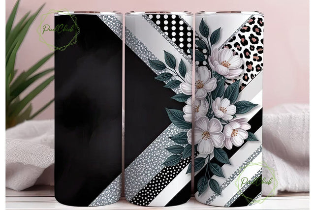 Black & White Floral Glitter Tumbler Sublimation PixelChick 