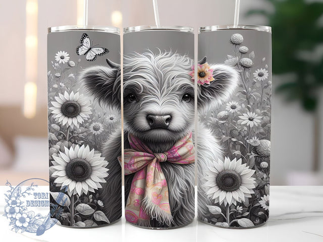 Black & White Floral Highland Cow Tumbler, Black And White Tumbler, Floral Cow Wrap, 20oz Tumbler Design, Sublimation Cow Design, Cow Print Tumbler, Farm Animal Tumbler Wrap Sublimation ToriDesigns 