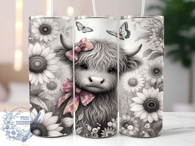 Black & White Floral Highland Cow Tumbler, Black And White Tumbler, Floral Cow Wrap, 20oz Tumbler Design, Sublimation Cow Design, Cow Print Tumbler, Farm Animal Tumbler Wrap Sublimation ToriDesigns 