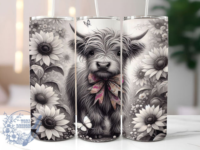 Black & White Floral Highland Cow Tumbler, Black And White Tumbler, Floral Cow Wrap, 20oz Tumbler Design, Sublimation Cow Design, Cow Print Tumbler, Farm Animal Tumbler Wrap Sublimation ToriDesigns 