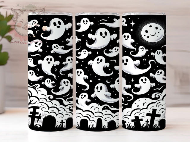 Black & White Ghost Halloween Tumbler, Ghostly Halloween Wrap, Monochrome Ghost Sublimation, Spooky Black And White Tumbler, Haunted Ghost Drinkware, Gothic Ghost Wrap, Minimalist Halloween Tumbler Sublimation Lara' s Designs 