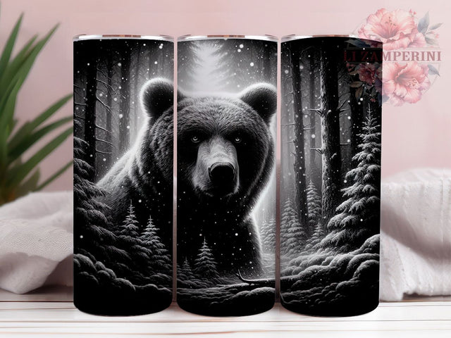 Black & White Grizzly Bear Tumbler, Nature Wildlife Wrap, 20oz Tumbler Sublimation, Grizzly Bear Forest Design, Monochrome Animal Art, Rustic Outdoor Aesthetic, Woodland Bear Wrap Sublimation Li Zamperini 