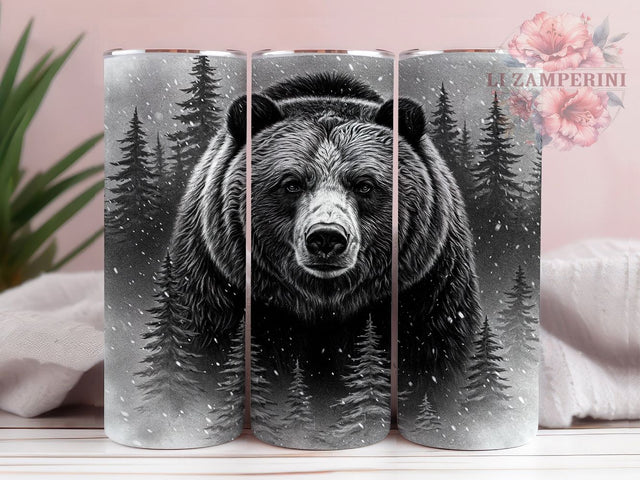 Black & White Grizzly Bear Tumbler, Nature Wildlife Wrap, 20oz Tumbler Sublimation, Grizzly Bear Forest Design, Monochrome Animal Art, Rustic Outdoor Aesthetic, Woodland Bear Wrap Sublimation Li Zamperini 