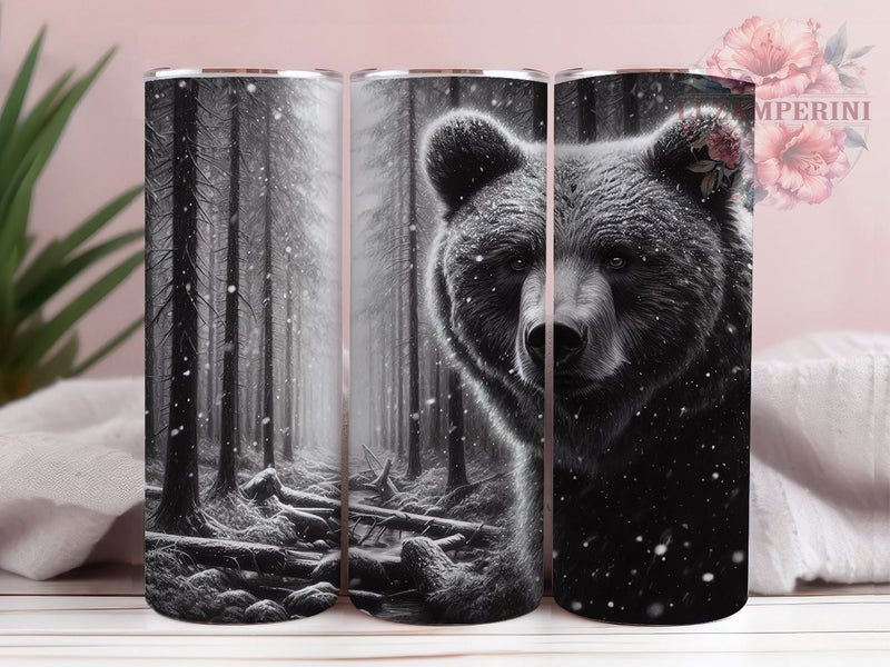 Black & White Grizzly Bear Tumbler, Nature Wildlife Wrap, 20oz Tumbler Sublimation, Grizzly Bear Forest Design, Monochrome Animal Art, Rustic Outdoor Aesthetic, Woodland Bear Wrap Sublimation Li Zamperini 