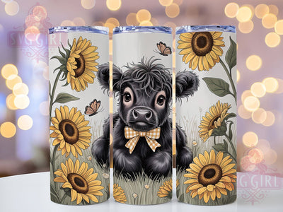 Black White Highland Cow Tumbler, Black And White, Floral Design, Rustic Theme, Farmhouse Style, 20Oz Tumbler, Sublimation Wrap Sublimation SvggirlplusArt 
