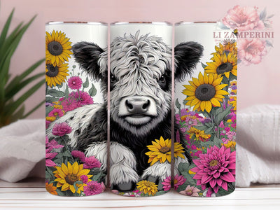 Black & White Highland Cow Tumbler, Black and White Tumbler, Floral 20oz Wrap, Sublimation Design, Stylish Gift Idea, Country Cow Wrap, Western Floral Tumbler Sublimation Li Zamperini 
