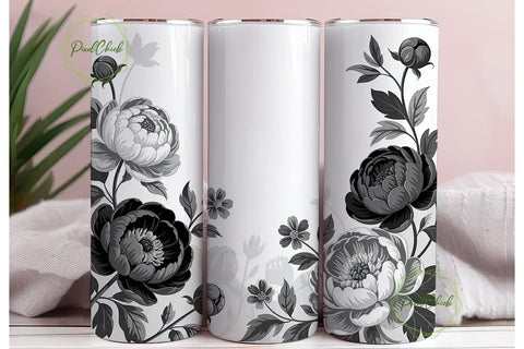 Black & White Peony 20oz Tumbler Wrap Sublimation PixelChick 