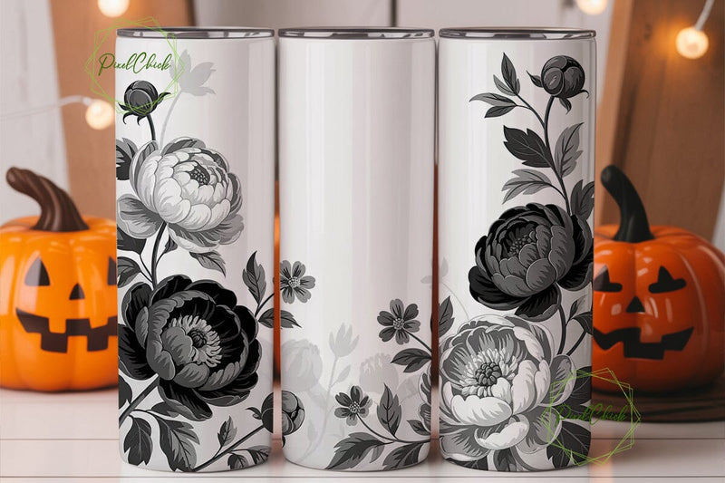Black & White Peony 20oz Tumbler Wrap Sublimation PixelChick 