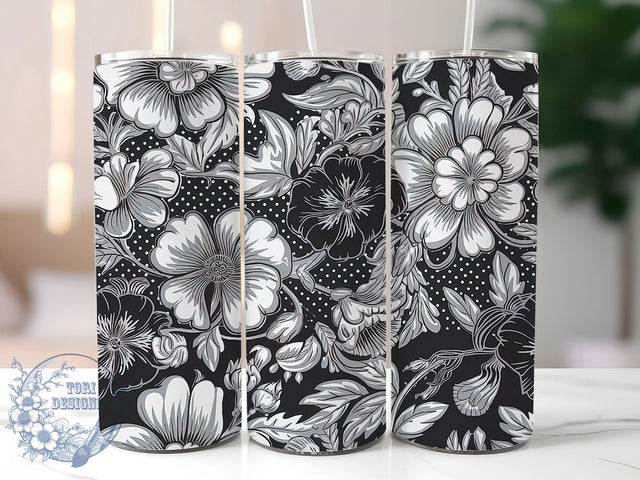 Black & White Vintage Floral Tumbler Wrap, Black And White Tumbler, Elegant Tumbler Design, 20oz Sublimation Wrap, Vintage Floral Tumbler, Botanical Tumbler PNG, Digital Download Tumbler Sublimation ToriDesigns 
