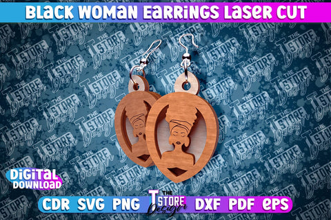 Black Woman Earrings Laser Cut | Accessories Laser Cut Design | CNC File SVG The T Store Design 