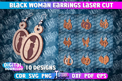 Black Woman Earrings Laser Cut | Accessories Laser Cut Design | CNC File SVG The T Store Design 