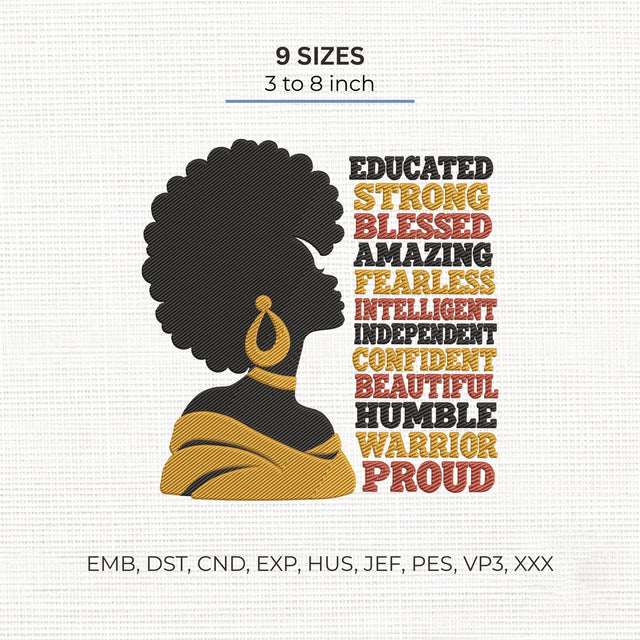 Black Woman Empowerment Embroidery Design – Educated Strong Blessed Proud Afro Queen Inspirational Machine Embroidery File Embroidery/Applique DESIGNS PatternFeed8 