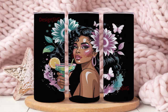 Black Woman Floral Margarita Tumbler Sublimation DesignSVG 