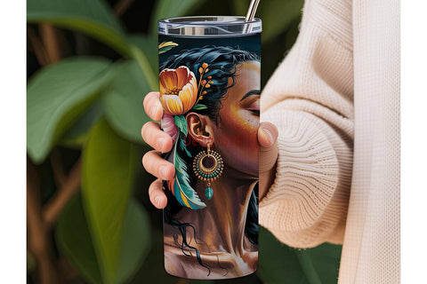 Black Woman Floral Portrait Tumbler Wrap Sublimation DesignSVG 