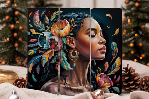 Black Woman Floral Portrait Tumbler Wrap Sublimation DesignSVG 