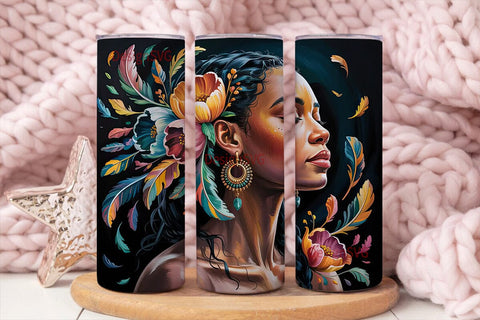 Black Woman Floral Portrait Tumbler Wrap Sublimation DesignSVG 