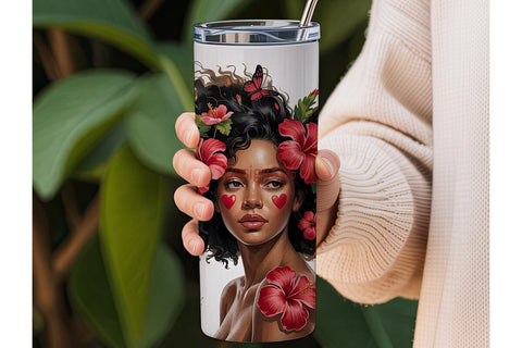 Black Woman with Red Hibiscus Tumbler Sublimation DesignSVG 