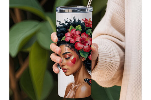 Black Woman with Red Hibiscus Tumbler Sublimation DesignSVG 