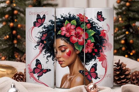 Black Woman with Red Hibiscus Tumbler Sublimation DesignSVG 