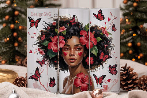 Black Woman with Red Hibiscus Tumbler Sublimation DesignSVG 
