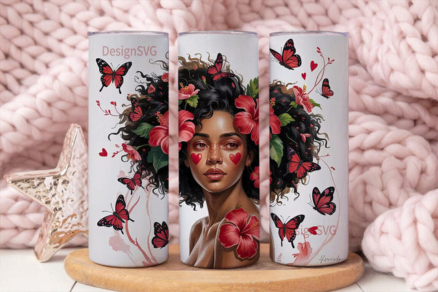 Black Woman with Red Hibiscus Tumbler Sublimation DesignSVG 