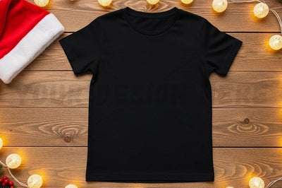 Blank black t-shirt mockup with christmas decorations Mock Up Photo Designangry 