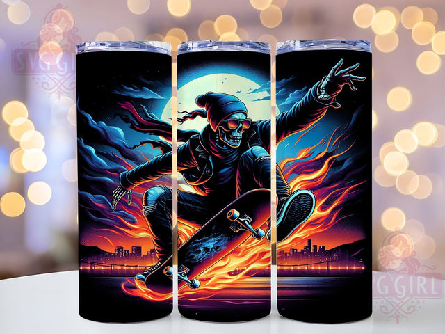 Blazing Edge Skeleton Skater Tumbler, Flaming Skull Tumbler, Skater Tumbler Wrap, 20oz Tumbler Design, Cool Skeleton Wrap, Fire Skate Sublimation, Edgy Skull PNG Sublimation SvggirlplusArt 