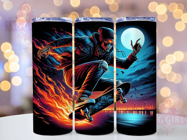 Blazing Edge Skeleton Skater Tumbler, Flaming Skull Tumbler, Skater Tumbler Wrap, 20oz Tumbler Design, Cool Skeleton Wrap, Fire Skate Sublimation, Edgy Skull PNG Sublimation SvggirlplusArt 