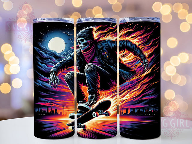 Blazing Edge Skeleton Skater Tumbler, Flaming Skull Tumbler, Skater Tumbler Wrap, 20oz Tumbler Design, Cool Skeleton Wrap, Fire Skate Sublimation, Edgy Skull PNG Sublimation SvggirlplusArt 