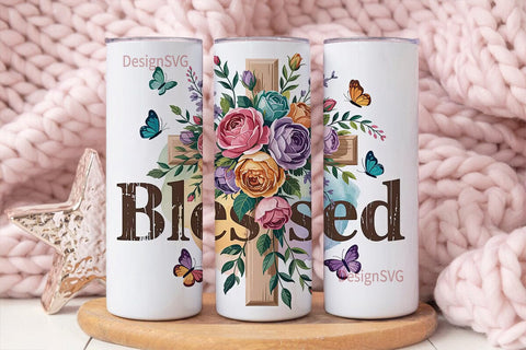 Blessed Floral Cross 20oz Tumbler Wrap Sublimation DesignSVG 