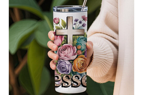 Blessed Floral Cross 20oz Tumbler Wrap Sublimation DesignSVG 