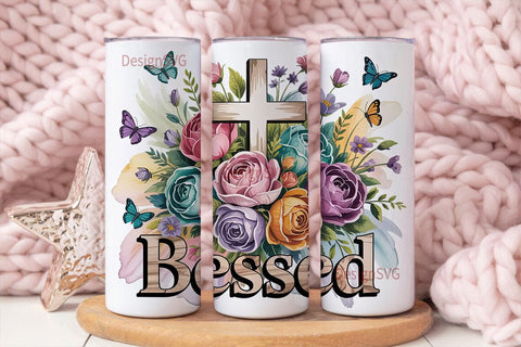 Blessed Floral Cross 20oz Tumbler Wrap Sublimation DesignSVG 