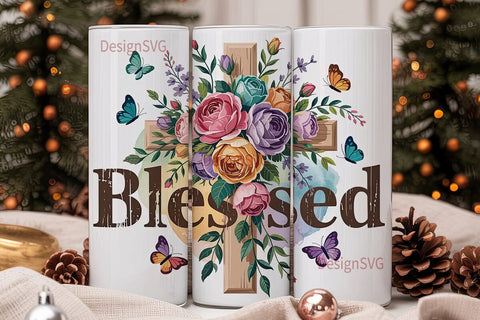 Blessed Floral Cross 20oz Tumbler Wrap Sublimation DesignSVG 