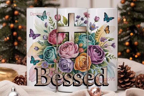 Blessed Floral Cross 20oz Tumbler Wrap Sublimation DesignSVG 