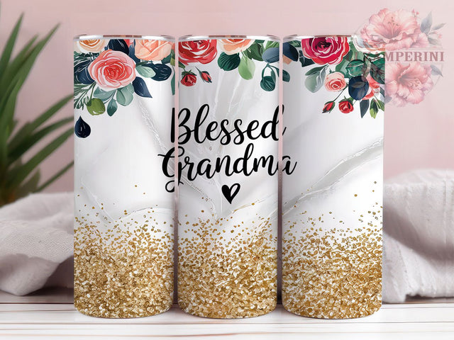 Blessed Grandma Floral Glitter Tumbler, Floral Glitter Tumbler Wrap, Marble Tumbler Design, 20Oz Tumbler Sublimation, Grandma Gift Tumbler, Glitter Floral Tumbler Sublimation Li Zamperini 