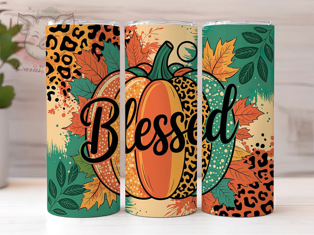 Blessed Leopard Pumpkin Faith 20oz Tumbler, Leopard Print Fall Cup, Christian Autumn Tumbler, 20oz Harvest Blessings Wrap, Faith-Based Leopard Design, Pumpkin Spice Leopard Tumbler Sublimation Lara' s Designs 