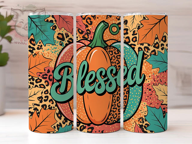 Blessed Leopard Pumpkin Faith 20oz Tumbler, Leopard Print Fall Cup, Christian Autumn Tumbler, 20oz Harvest Blessings Wrap, Faith-Based Leopard Design, Pumpkin Spice Leopard Tumbler Sublimation Lara' s Designs 