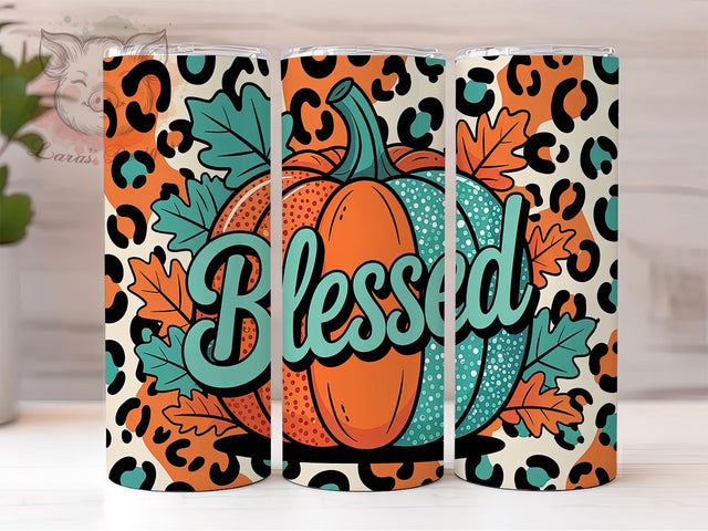 Blessed Leopard Pumpkin Faith 20oz Tumbler, Leopard Print Fall Cup, Christian Autumn Tumbler, 20oz Harvest Blessings Wrap, Faith-Based Leopard Design, Pumpkin Spice Leopard Tumbler Sublimation Lara' s Designs 