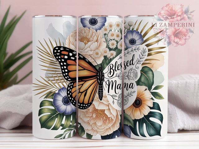 Blessed Mama Butterfly Floral 20oz Tumbler, Detailed Butterfly, Solid Black Wing, Line-Art Flowers, Botanical Patterns, Skinny Tumbler, Sublimation PNG Sublimation Li Zamperini 