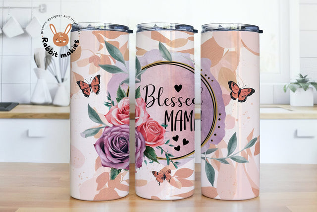 Blessed Mama Tumbler Wrap PNG, 20oz Skinny Tumbler Sublimation Designs, Mama Mom Tumbler PNG, Floral Sublimation Rabbitmakies 