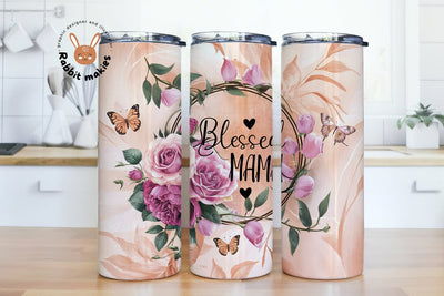 Blessed Mama Tumbler Wrap PNG, 20oz Skinny Tumbler Sublimation Designs, Mama Mom Tumbler PNG, Floral Sublimation Rabbitmakies 