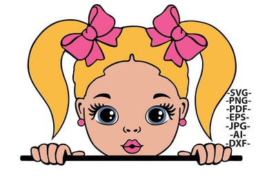 Blonde Girl Peekaboo Clipart with Pink Glitter Bows PNG | Cute Cartoon Girl Peeking Illustration for T-Shirts Stickers Sublimation Projects SVG 1uniqueminute 