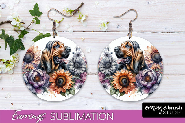 Bloodhound Earrings - Dog Mom Floral Round Earring Sublimation Sublimation OrangeBrushStudio 