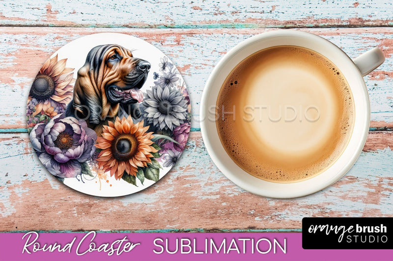 Bloodhound Round Coaster - Dog Mom Floral Coaster Sublimation Sublimation OrangeBrushStudio 